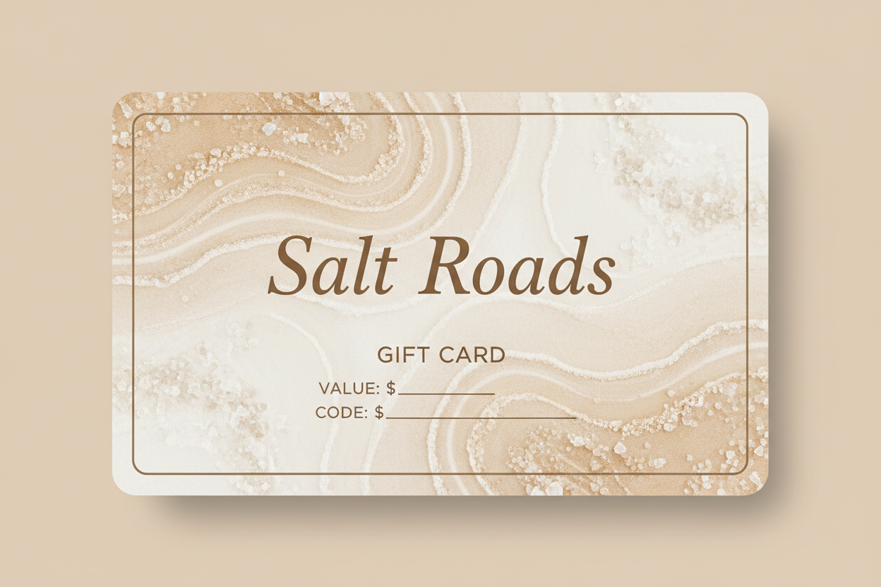 Salt Roads gift card featuring a sleek design, ideal for gifting, with a customizable amount and modern branding. Collage